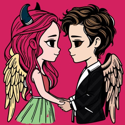 girl with a boy and they have wings and horns and they love each other and realistic and like really really really like each other