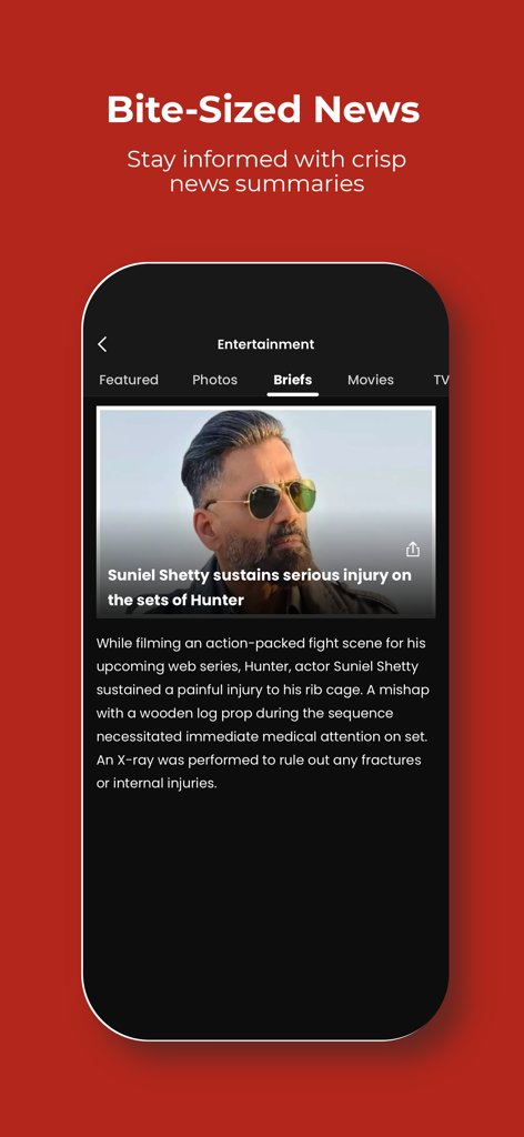 The Times of India mobile app displaying bite-sized news summaries in the entertainment briefs section.
