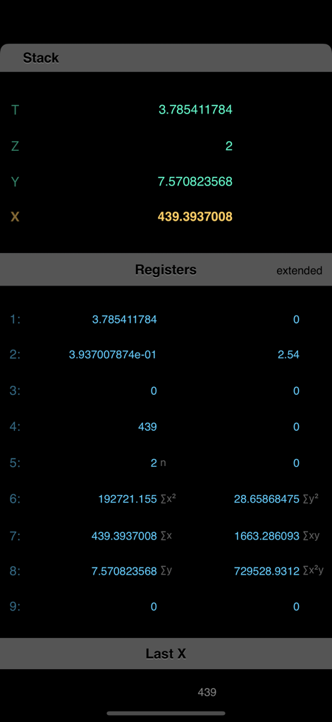 RPN-45 SD - Pantalla de la RPN-45 SD que muestra la pila de cálculo y los registros de memoria