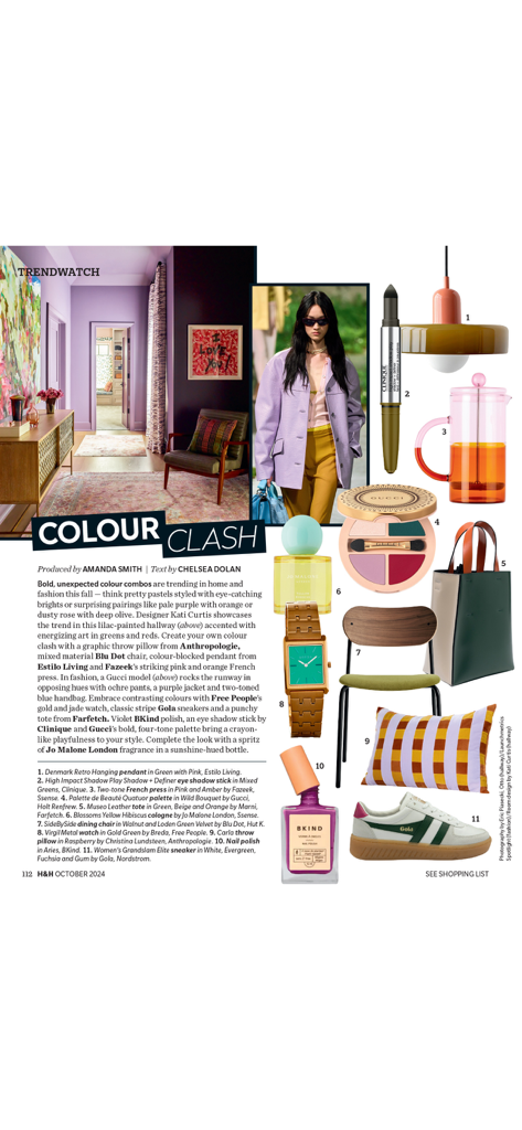 House & Home - Una página de revista digital de House and Home titulada Colour Clash que muestra un diseño de interiores audaz y accesorios de moda.