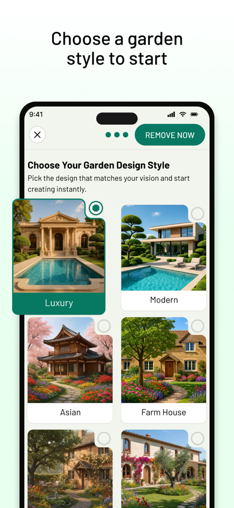 Bildschirm des KI-Gartenplaners, der Gartendesign-Stile anzeigt, einschließlich Luxus-Modern-Asiatisch und Bauernhaus