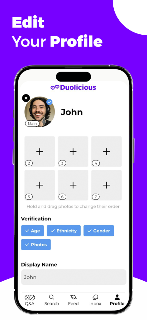 Captura de pantalla de la pantalla de edición de perfil de la app de citas Duolicious que muestra espacios para subir fotos y insignias de verificación.