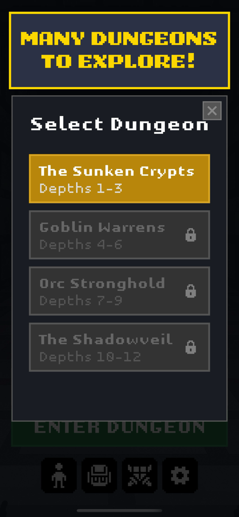 Rogue Realm - Rogue Realmのピクセルアートメニュー。「The Sunken Crypts」や「Goblin Warrens」などの選択可能なダンジョンリストが表示されます。