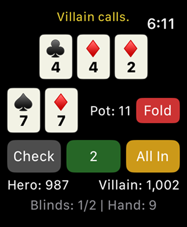 Mini-Poker - A screenshot of Mini-Poker on Apple Watch showing a Texas Hold'em hand with community cards and action buttons