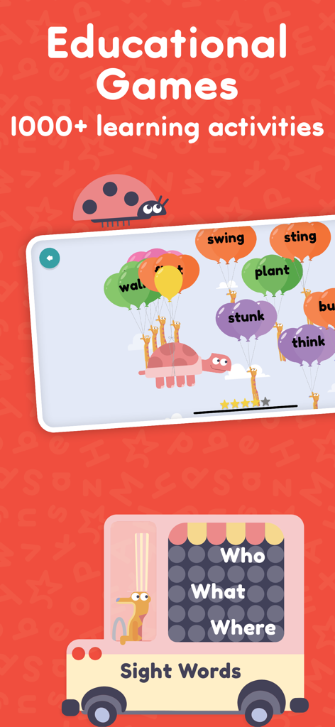 A screenshot of the Hooked on Phonics Learning app showcasing educational games with over 1000 learning activities including word balloons and sight words