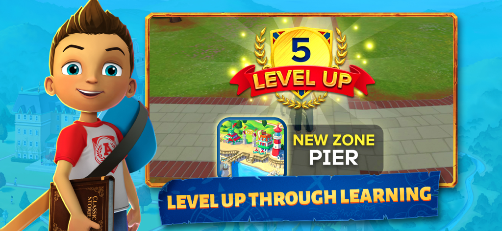 Adventure Academy - Un personaje estudiante en Adventure Academy alcanza el nivel 5 y desbloquea la zona del Muelle al completar tareas educativas