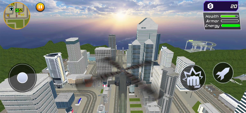 Flying Hero Cyber City - A helicopter flying over a metropolitan city at sunset in Flying Hero Cyber City