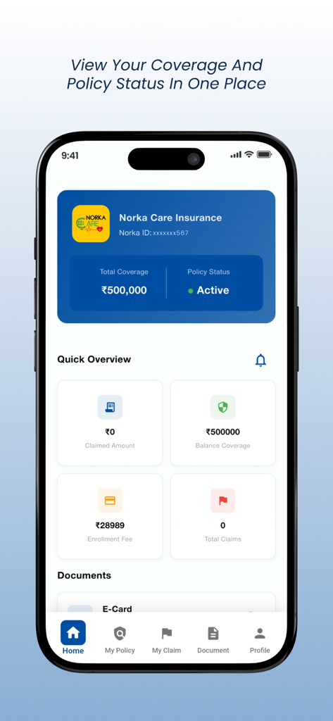 Norka Care Plus app dashboard showing active insurance policy status and coverage details