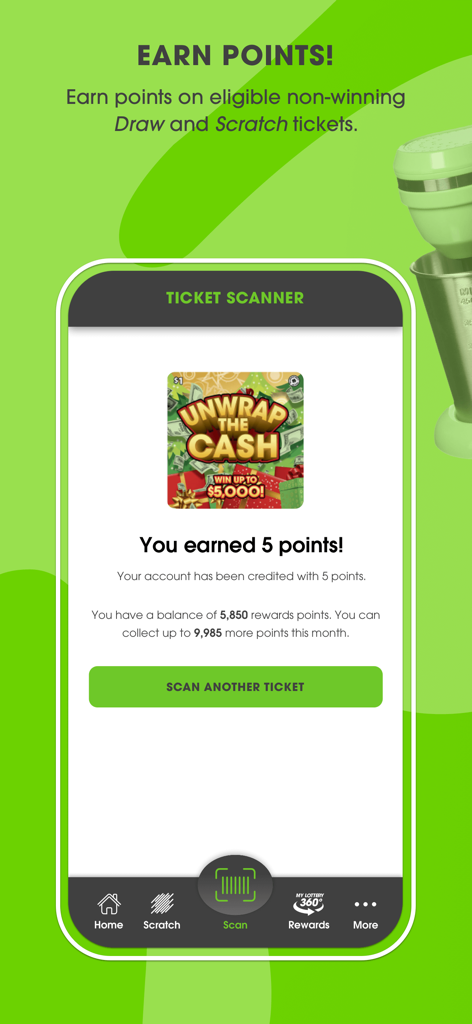 Interface of the Washington Lottery app ticket scanner showing five points earned from a non-winning scratch ticket.