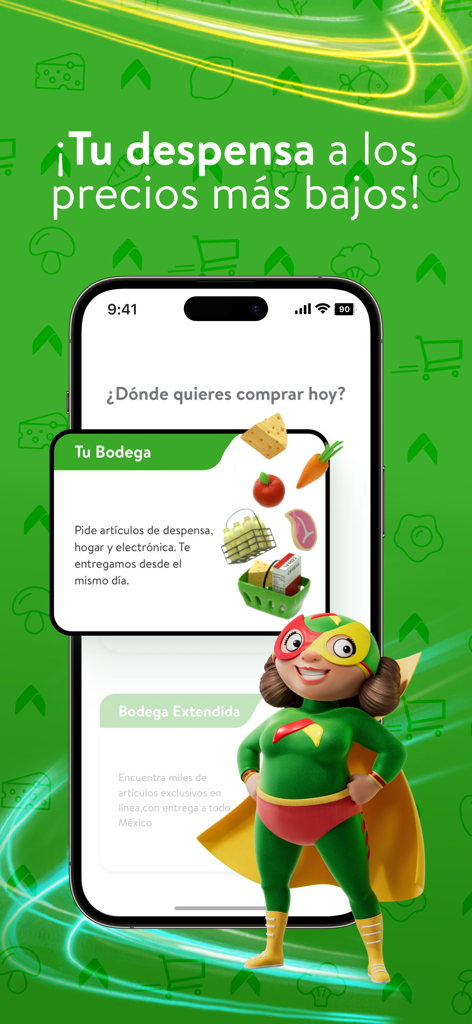 Bodega Aurrera En Línea - 보데가 아우레라 온라인 앱 인터페이스, 식료품 쇼핑 옵션 및 맘 루차 마스코트 표시