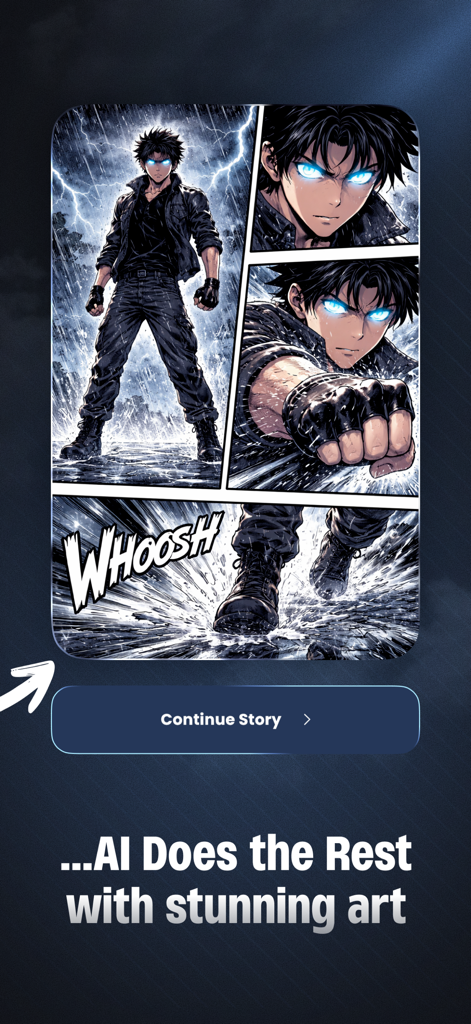 Mangii: AI Manga & Anime Art - AI generated manga panels of an action character with glowing blue eyes