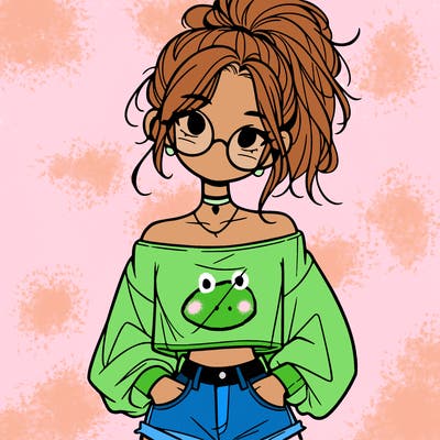 girl with a messy ponytail glasses a baggy crop top and jean shorts