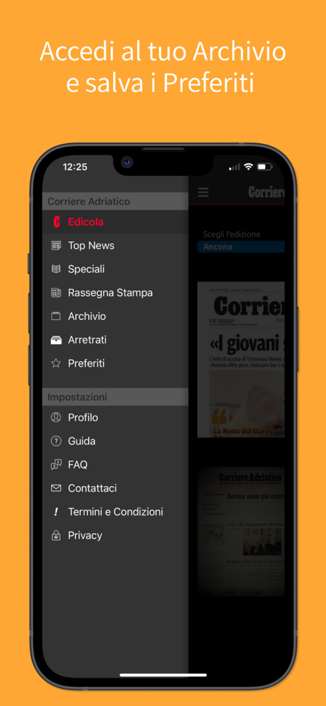 Menu laterale dell'app del giornale Corriere Adriatico che mostra categorie come archivio e preferiti su uno schermo mobile