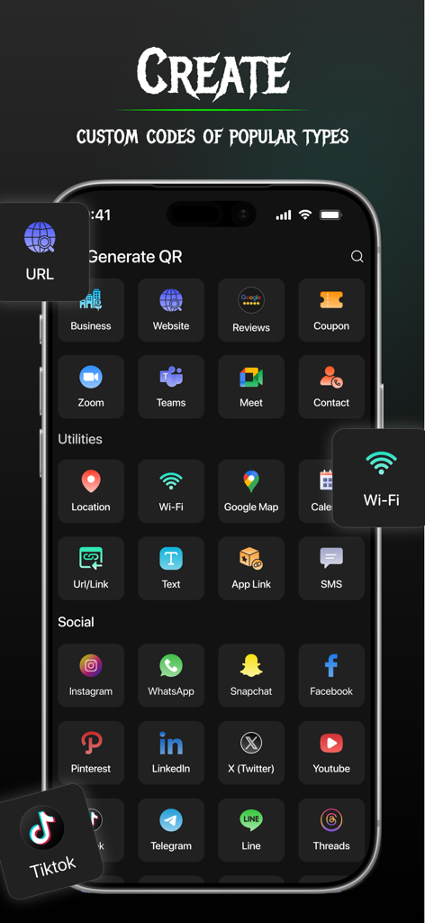 Interfaz de la aplicación ScanMaster para crear códigos QR personalizados para enlaces de redes sociales y negocios