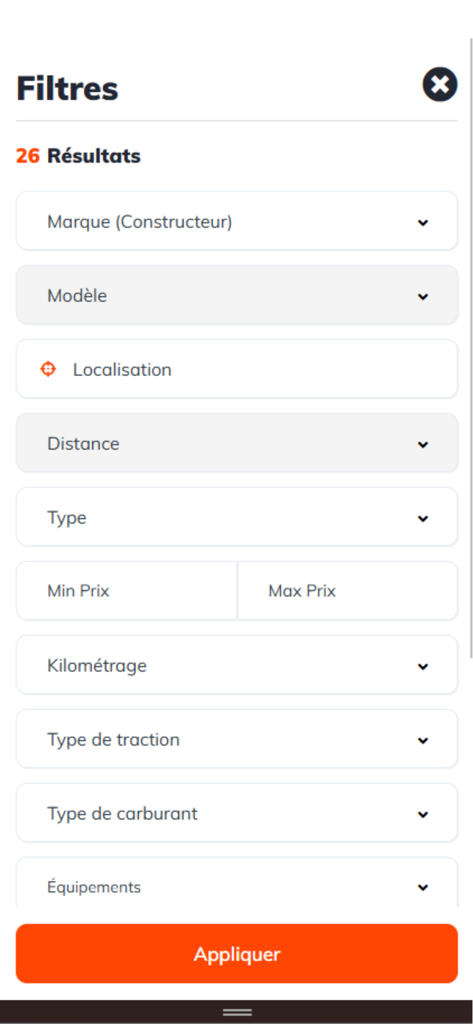 Seyara Zone - Search filter screen for the Seyara Zone car marketplace app showing options for make, model, location, price, and mileage.