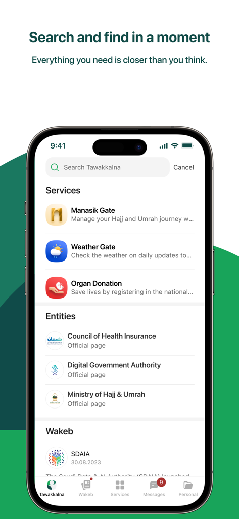 Bildschirm der Tawakkalna App, der eine Suchleiste, Regierungsdienste und Entitätsseiten anzeigt