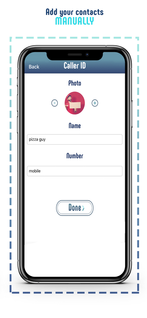User interface for manually creating a fake caller ID with custom name, photo, and phone number