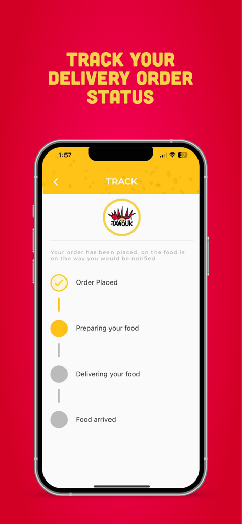 Malak Al Tawouk - Tela do aplicativo Malak Al Tawouk mostrando uma linha do tempo de rastreamento de pedido de entrega de comida em tempo real.