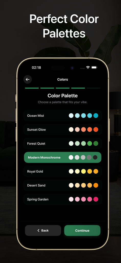 AI Room Design - Decor - Oberfläche der AI Room Design App, die verschiedene Farbpalettenoptionen für die Heimdekoration anzeigt.
