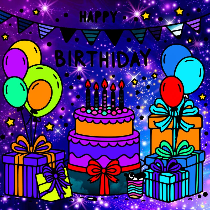 happy birthday with cake balloons and presents