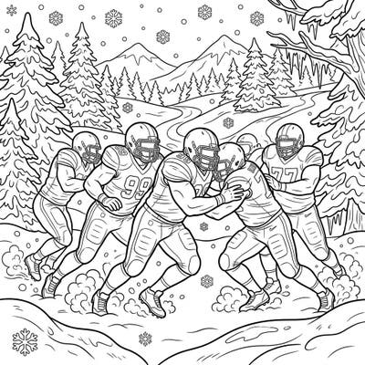 Experience the thrilling intensity of American football in a unique winter setting with this dynamic coloring page. Watch defensive linemen battle it out amidst a snowy landscape, ready for your creative touch.