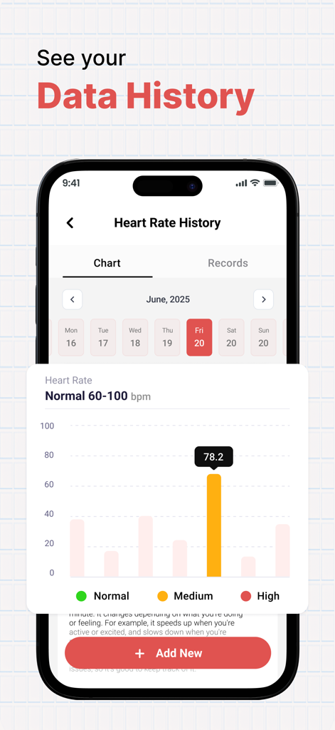 PulseX : Heart Rate Monitor - PulseX app interface showing a heart rate history chart with daily pulse trends and a data log