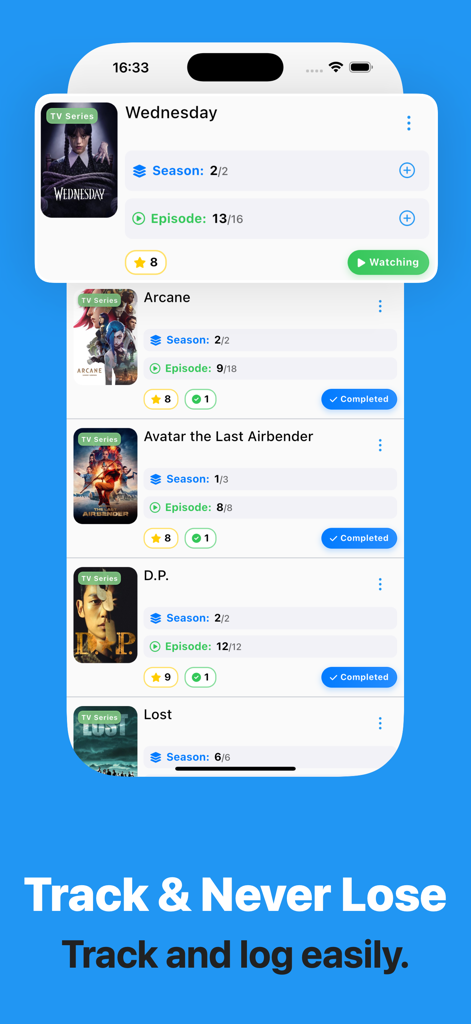 Watchlistfy: Track & Discover - Watchlistfy mobile app screen displaying a list of TV shows with episode and season tracking progress