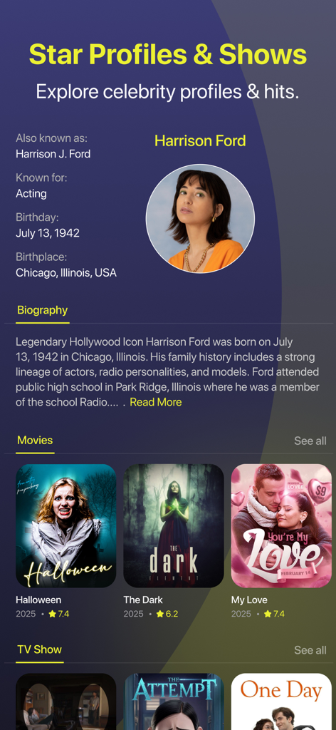 MovieBox : Movie & TV Show - Pagina del profilo di una celebrità che mostra la biografia dell'attore e l'elenco dei film nell'app MovieBox