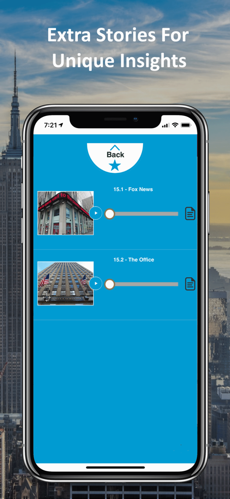 New York City GPS Audio Tour - New York City GPS Audio Tour app interface showing extra stories and unique insights