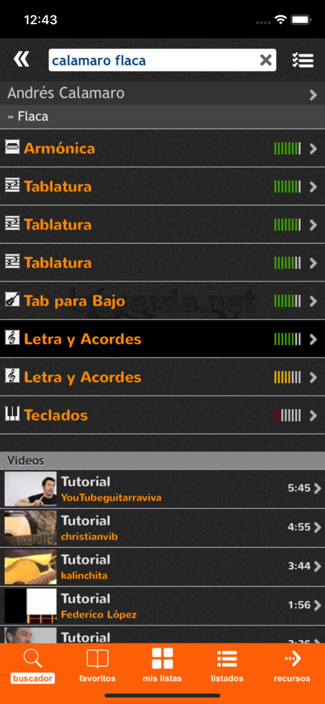 LaCuerda [PRO] - Una lista de tablaturas, acordes y tutoriales en video para la canción Flaca de Andrés Calamaro en la aplicación LaCuerda PRO.