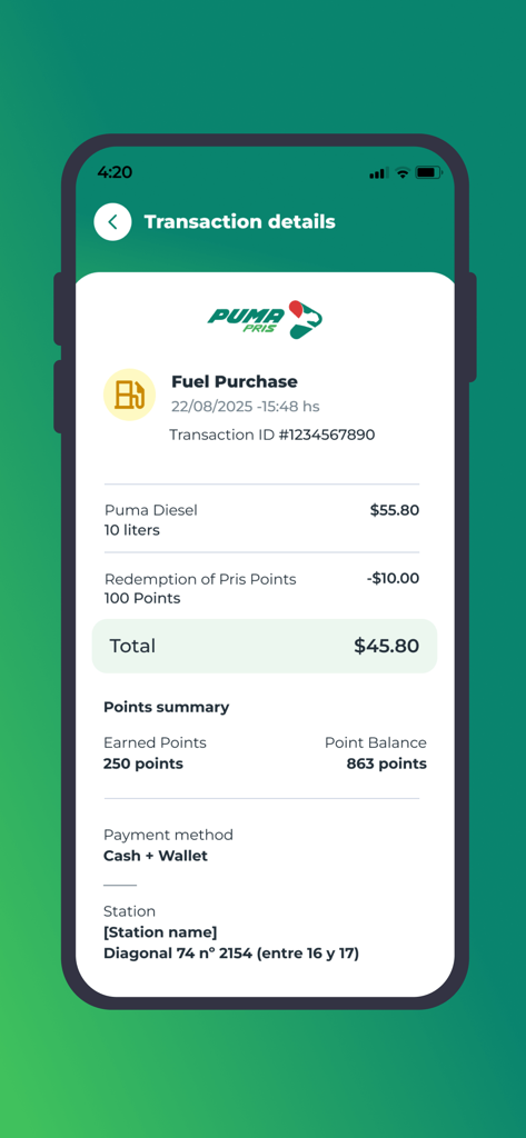 Mobile screen showing transaction details for a fuel purchase with points redemption in the Puma Pris Africa app