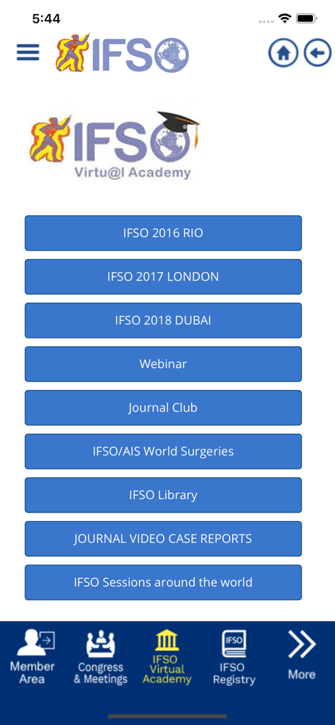 IFSO - IFSO app Virtual Academy screen featuring buttons for past medical congresses webinars and the clinical library
