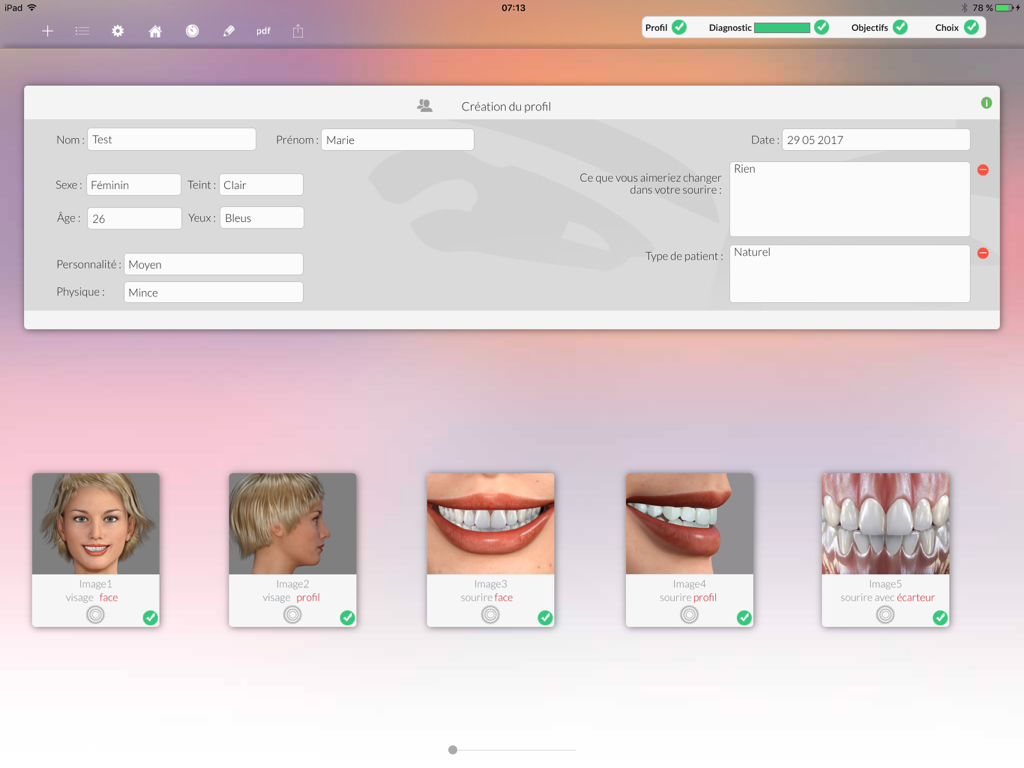 EASY Esthetic Analysis app patient profile setup screen featuring dental and facial photo slots