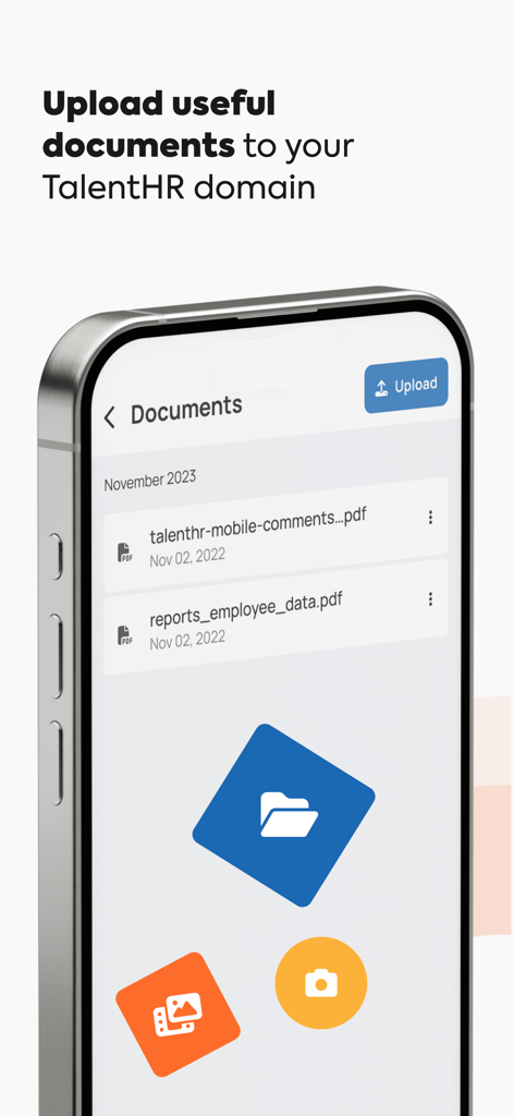 TalentHR - All-in-one HRIS - Mobile interface of TalentHR showing employee document storage and upload features.