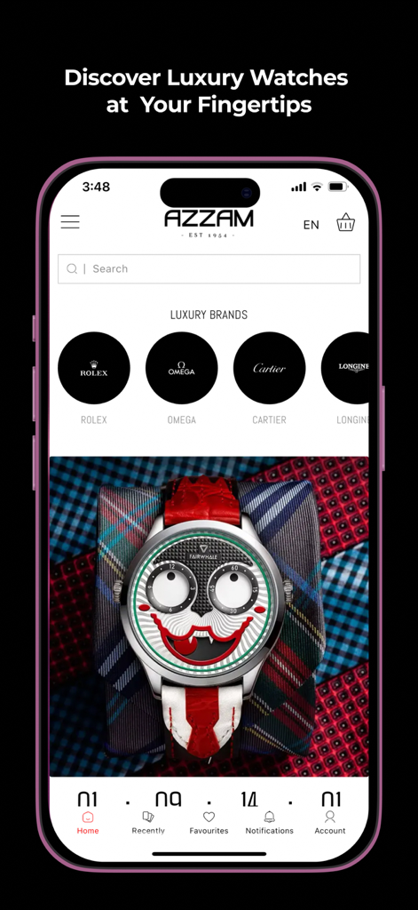 Azzam Watches - Azzam Watches app homepage with luxury brands and featured timepiece