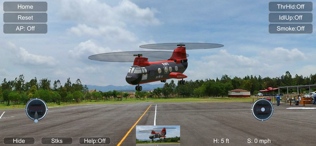 C46 Sea Knight twin rotor RC helicopter hovering over a runway in the Absolute RC Heli Simulator app.