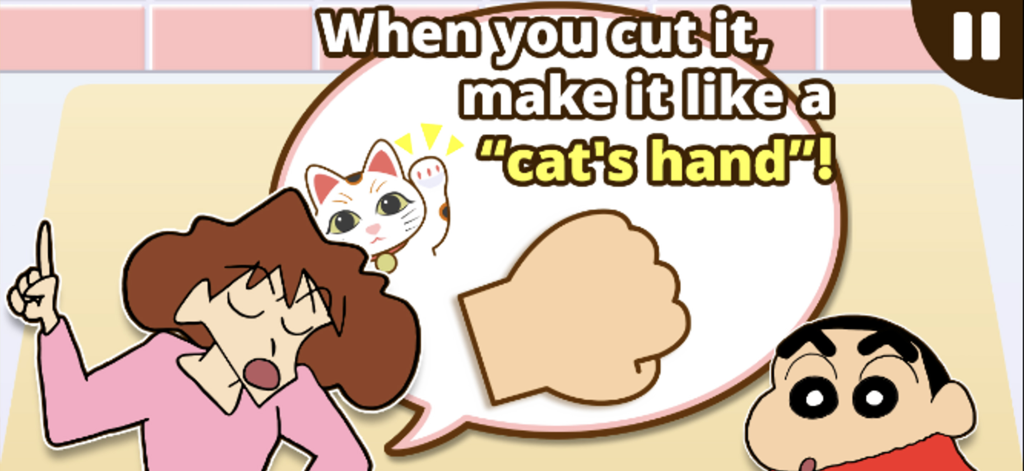 Misae Nohara teaching Shin-chan the cats hand safety technique for cutting food in a cooking minigame.