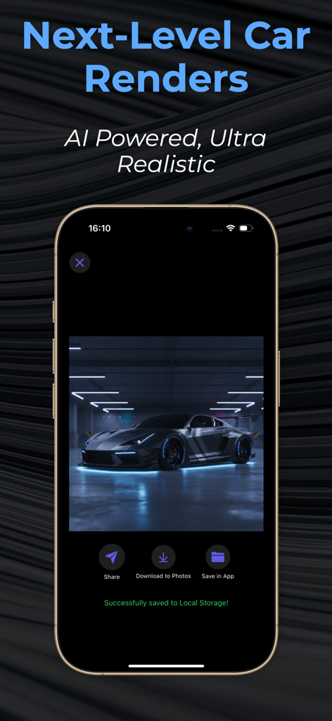 Car Mod & Tuning AI - Paul - Un render ultra-realista generado por IA de un coche deportivo personalizado con iluminación inferior de neón y un kit de carrocería ancha dentro de la interfaz de la aplicación Car Mod y Tuning AI.