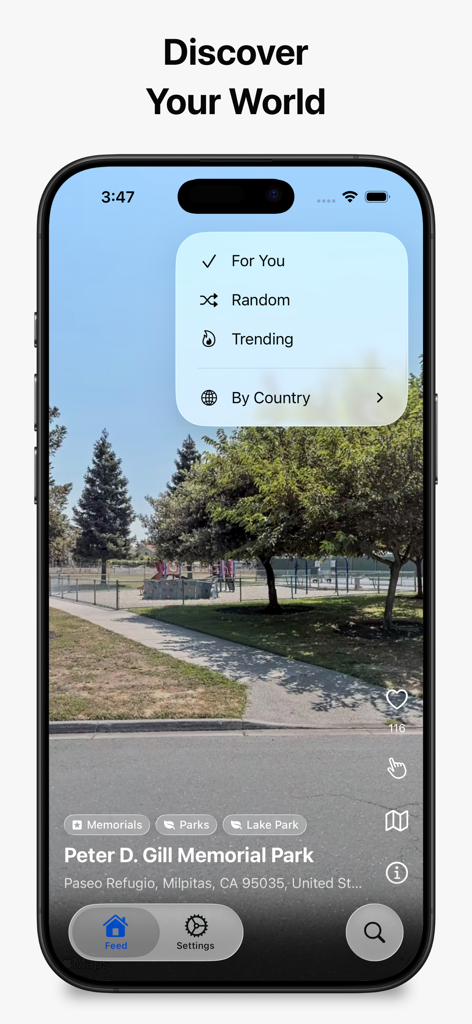StreetPeek: Street View Feed - Interfaz de la aplicación StreetPeek con un menú de descubrimiento superpuesto a una imagen de vista callejera de un parque