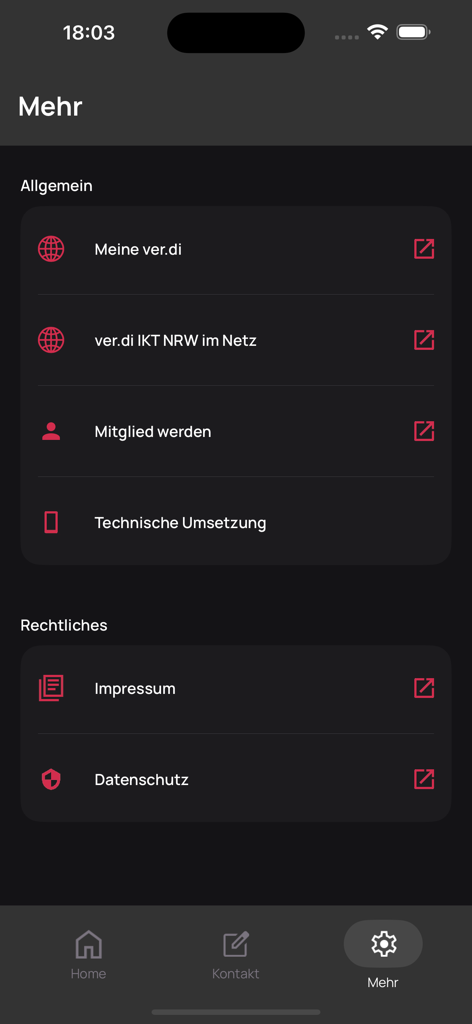 ver.di TK IT NRW - The more menu of the verdi TK IT NRW app featuring general and legal links
