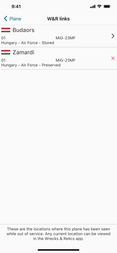 Plane DB - Interfaz de Plane DB que muestra las ubicaciones de restos y reliquias de un MiG-23MF.