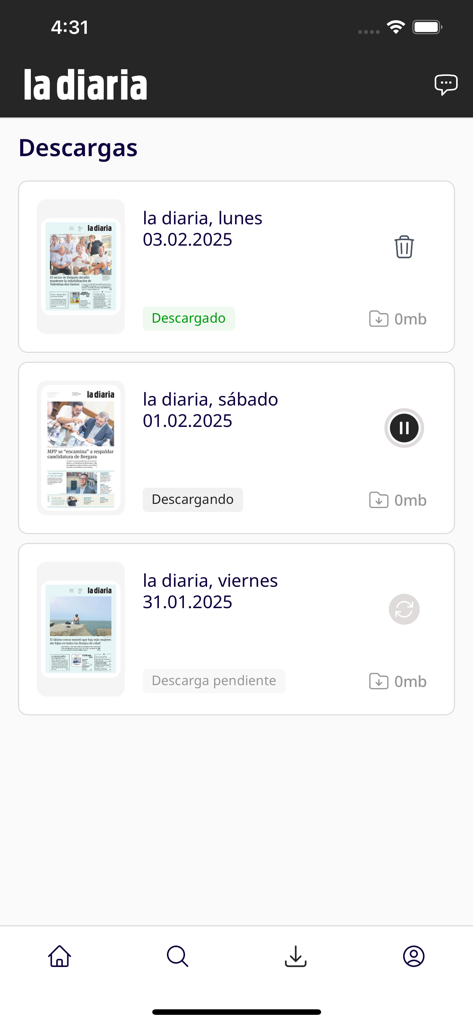 la diaria | Edición Papel - Captura de tela da seção de downloads no aplicativo la diaria mostrando uma lista de edições diárias do jornal disponíveis para leitura offline.
