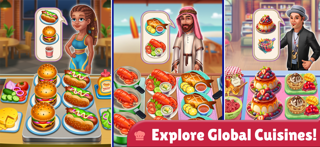 Cooking Utopia Restaurant Chef - Capturas de pantalla del juego de Cooking Utopia que muestran diversos platos globales, incluyendo hamburguesas, langostas y postres, servidos a diferentes clientes