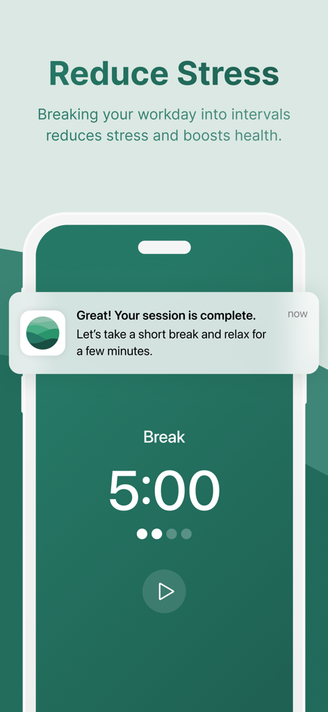 Flow: Focus & Pomodoro Timer - Interfaz de la aplicación Flow mostrando un temporizador de descanso de 5 minutos y una notificación de finalización de sesión en un smartphone
