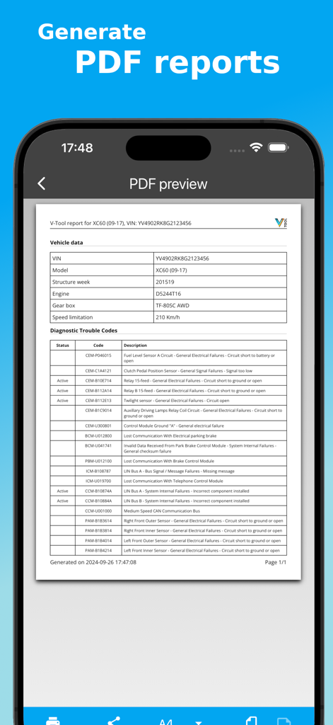 Captura de pantalla de un informe PDF de diagnóstico de Volvo generado por la aplicación V-Tool OBD Scanner