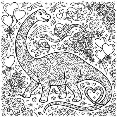 Celebrate love with this unique Valentine's Day Diplodocus coloring page, brimming with hearts, roses, and playful cupids. This charming scene offers a delightful coloring experience for dinosaur enthusiasts and romantics alike.