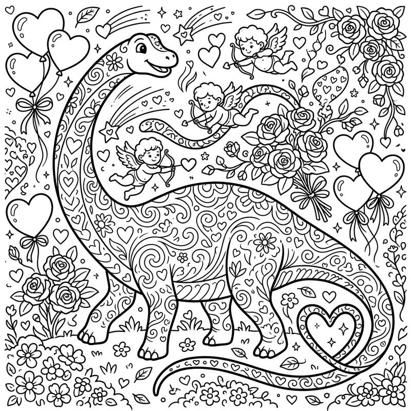 Celebrate love with this unique Valentine's Day Diplodocus coloring page, brimming with hearts, roses, and playful cupids. This charming scene offers a delightful coloring experience for dinosaur enthusiasts and romantics alike.