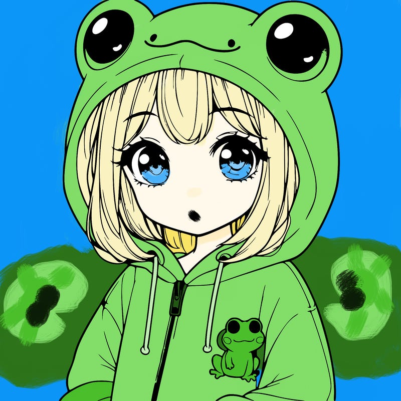 cute realistic girl in a froggy hoodie