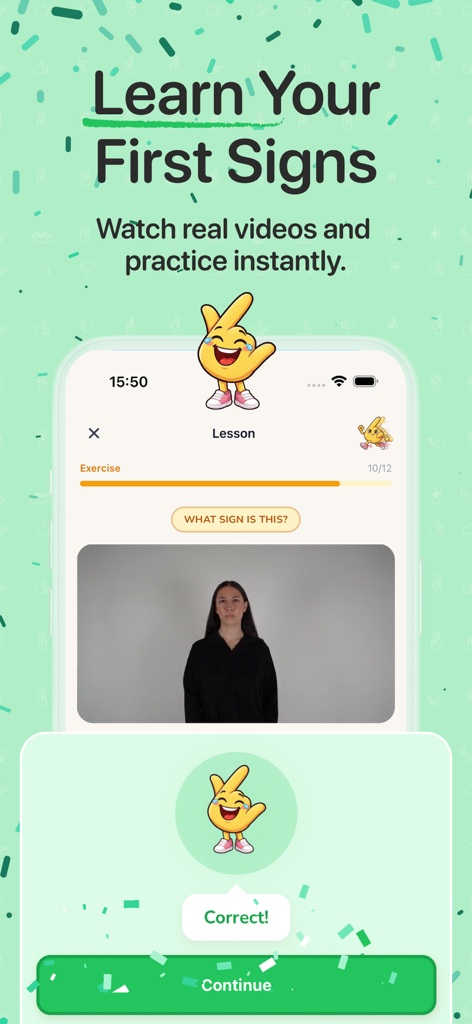 A lesson screen from the Anna Sign Language app featuring a video demonstration and a correct answer notification.