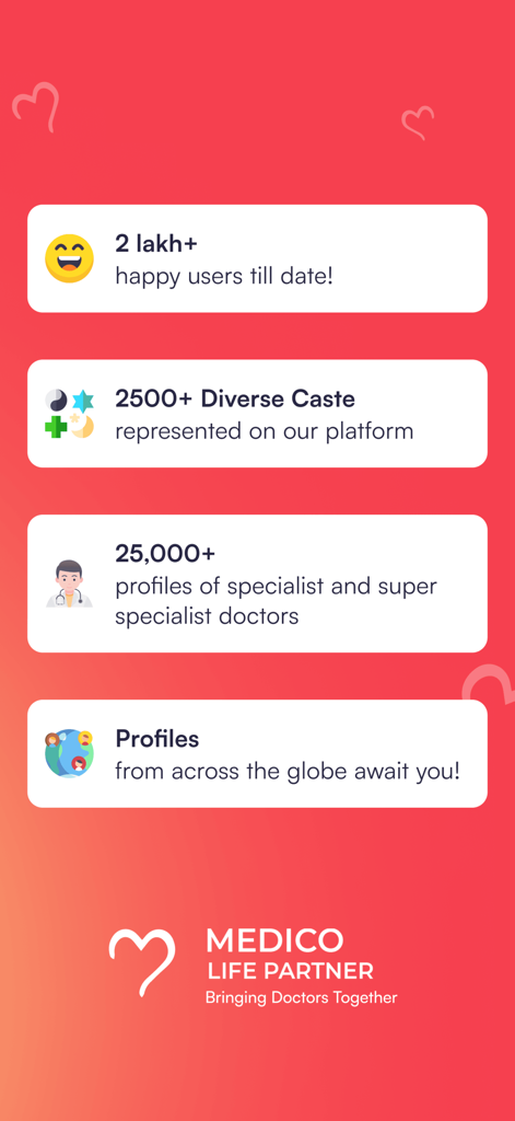 Medico Life Partner Matrimony - Statistics of the Medico Life Partner Matrimony app showing specialist doctor profiles and global reach